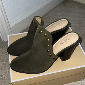 Michael Kors Dark Olive Green Mules with Gold Accents (Brand New)
